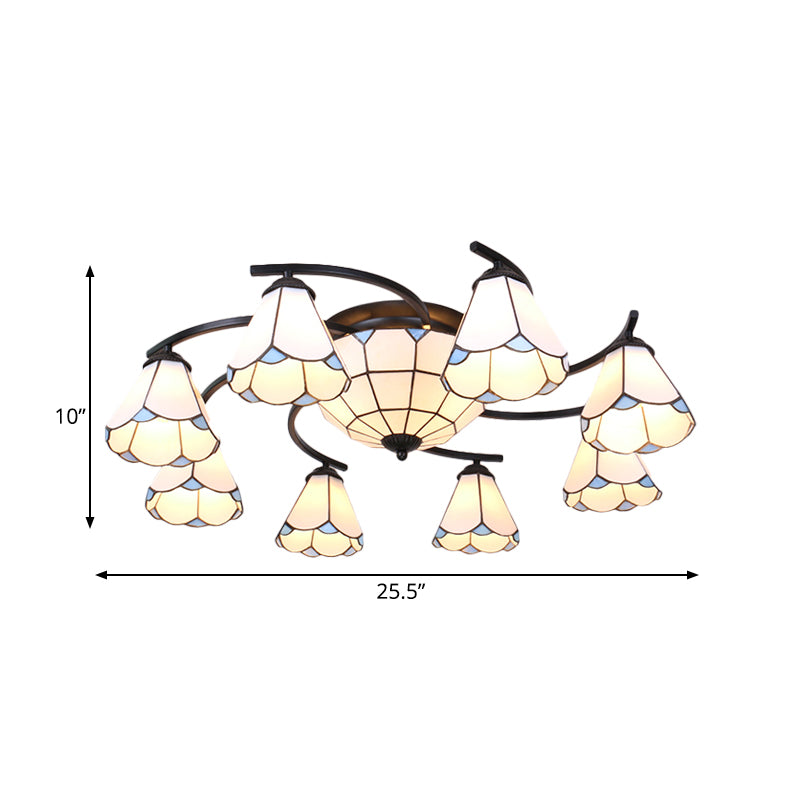 Dome/Conical Semi Flush Mount 11 Lights White/Blue Glass Mediterranean Ceiling Lamp for Living Room Clearhalo 'Ceiling Lights' 'Close To Ceiling Lights' 'Close to ceiling' 'Flush mount' Lighting' 317932