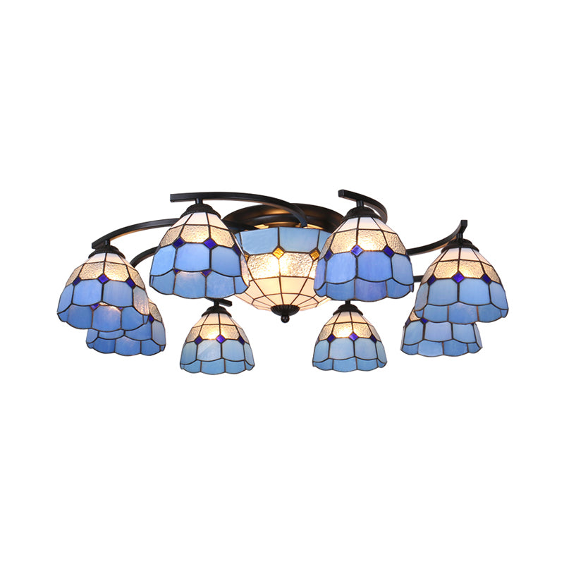 Dome/Conical Semi Flush Mount 11 Lights White/Blue Glass Mediterranean Ceiling Lamp for Living Room Blue Clearhalo 'Ceiling Lights' 'Close To Ceiling Lights' 'Close to ceiling' 'Flush mount' Lighting' 317933