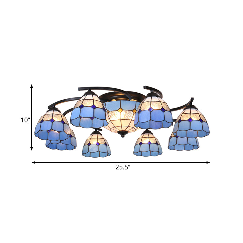 Dome/Conical Semi Flush Mount 11 Lights White/Blue Glass Mediterranean Ceiling Lamp for Living Room Clearhalo 'Ceiling Lights' 'Close To Ceiling Lights' 'Close to ceiling' 'Flush mount' Lighting' 317934