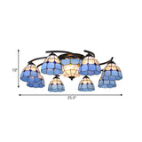 Dome/Conical Semi Flush Mount 11 Lights White/Blue Glass Mediterranean Ceiling Lamp for Living Room Clearhalo 'Ceiling Lights' 'Close To Ceiling Lights' 'Close to ceiling' 'Flush mount' Lighting' 317934