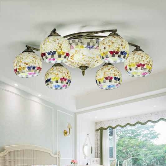 Shell Globe Semi Flush Ceiling Light Mediterranean 3/9/11 Lights White/Colorful Lighting Fixture for Living Room 9 Multi-Color Clearhalo 'Ceiling Lights' 'Close To Ceiling Lights' 'Close to ceiling' 'Flush mount' Lighting' 317940