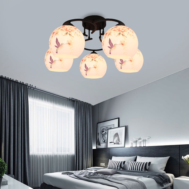 Mediterranean Globe Semi Flush Lighting 5 Lights White Cut Glass Ceiling Lamp with Flower/Bird/Butterfly Pattern White Bird Clearhalo 'Ceiling Lights' 'Close To Ceiling Lights' 'Close to ceiling' 'Glass shade' 'Glass' 'Semi-flushmount' 'Tiffany close to ceiling' 'Tiffany' Lighting' 317964