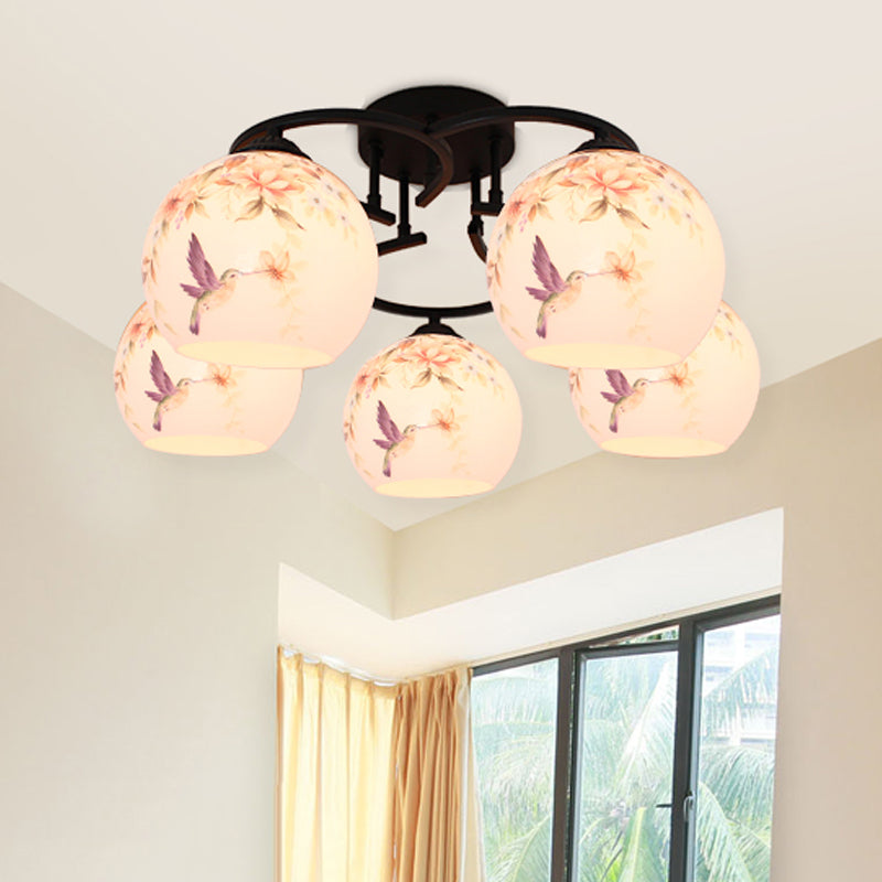 Mediterranean Globe Semi Flush Lighting 5 Lights White Cut Glass Ceiling Lamp with Flower/Bird/Butterfly Pattern Clearhalo 'Ceiling Lights' 'Close To Ceiling Lights' 'Close to ceiling' 'Glass shade' 'Glass' 'Semi-flushmount' 'Tiffany close to ceiling' 'Tiffany' Lighting' 317965