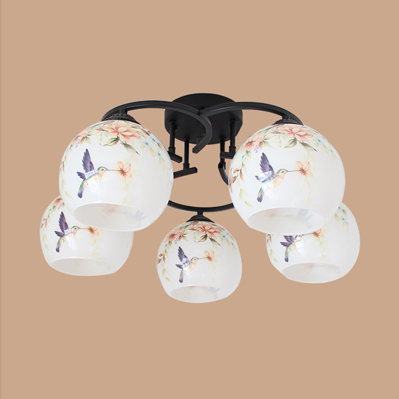 Mediterranean Globe Semi Flush Lighting 5 Lights White Cut Glass Ceiling Lamp with Flower/Bird/Butterfly Pattern Clearhalo 'Ceiling Lights' 'Close To Ceiling Lights' 'Close to ceiling' 'Glass shade' 'Glass' 'Semi-flushmount' 'Tiffany close to ceiling' 'Tiffany' Lighting' 317967