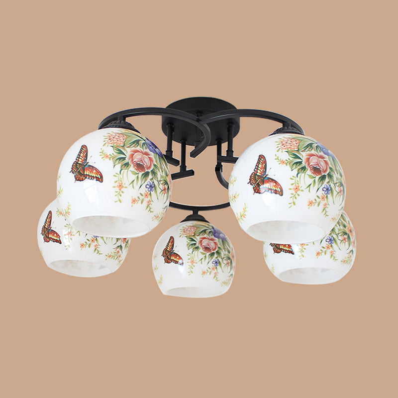 Mediterranean Globe Semi Flush Lighting 5 Lights White Cut Glass Ceiling Lamp with Flower/Bird/Butterfly Pattern Clearhalo 'Ceiling Lights' 'Close To Ceiling Lights' 'Close to ceiling' 'Glass shade' 'Glass' 'Semi-flushmount' 'Tiffany close to ceiling' 'Tiffany' Lighting' 317970