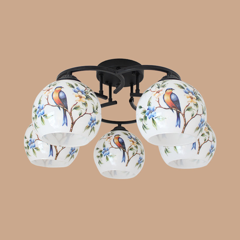 Mediterranean Globe Semi Flush Lighting 5 Lights White Cut Glass Ceiling Lamp with Flower/Bird/Butterfly Pattern Clearhalo 'Ceiling Lights' 'Close To Ceiling Lights' 'Close to ceiling' 'Glass shade' 'Glass' 'Semi-flushmount' 'Tiffany close to ceiling' 'Tiffany' Lighting' 317973