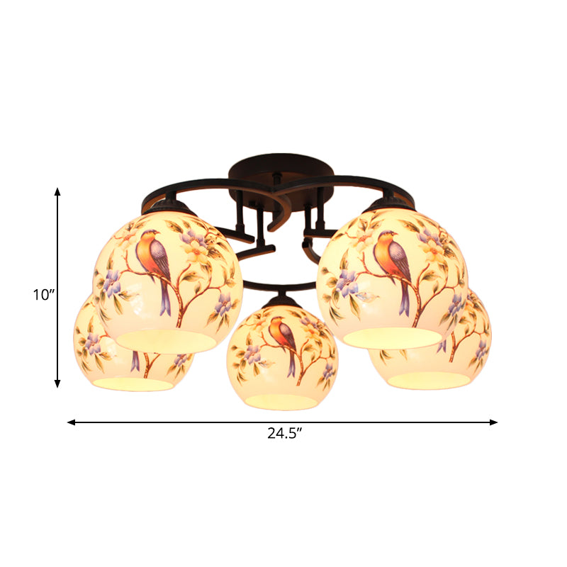 Mediterranean Globe Semi Flush Lighting 5 Lights White Cut Glass Ceiling Lamp with Flower/Bird/Butterfly Pattern Clearhalo 'Ceiling Lights' 'Close To Ceiling Lights' 'Close to ceiling' 'Glass shade' 'Glass' 'Semi-flushmount' 'Tiffany close to ceiling' 'Tiffany' Lighting' 317974