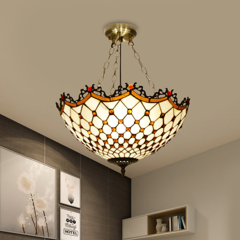 Bowl Semi Mount Lighting 3 Lights White/Blue Glass Baroque Ceiling Lamp for Living Room Clearhalo 'Ceiling Lights' 'Close To Ceiling Lights' 'Close to ceiling' 'Glass shade' 'Glass' 'Semi-flushmount' 'Tiffany close to ceiling' 'Tiffany' Lighting' 317981