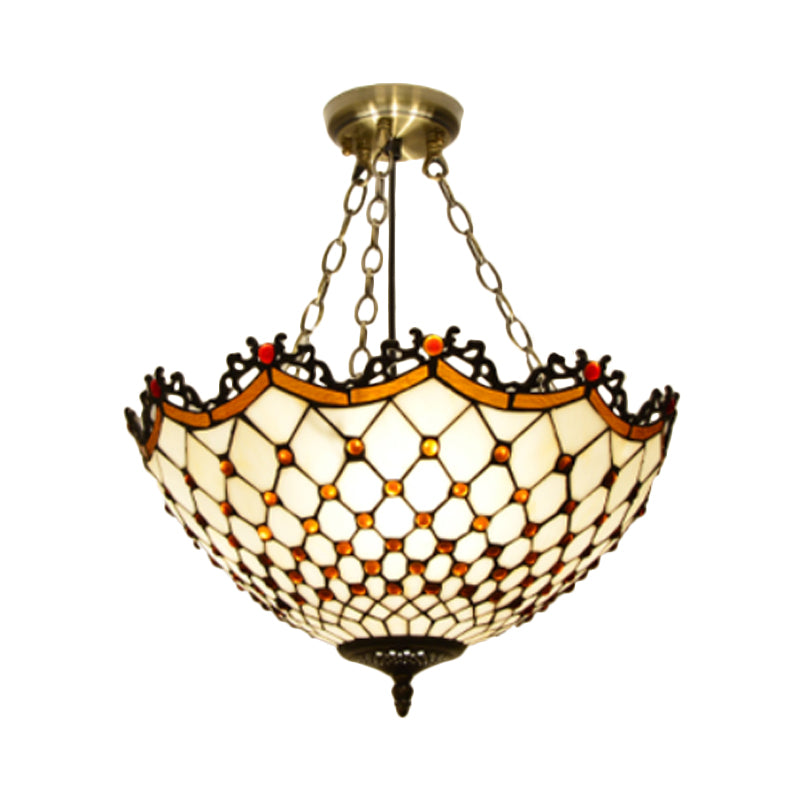 Bowl Semi Mount Lighting 3 Lights White/Blue Glass Baroque Ceiling Lamp for Living Room Clearhalo 'Ceiling Lights' 'Close To Ceiling Lights' 'Close to ceiling' 'Glass shade' 'Glass' 'Semi-flushmount' 'Tiffany close to ceiling' 'Tiffany' Lighting' 317983