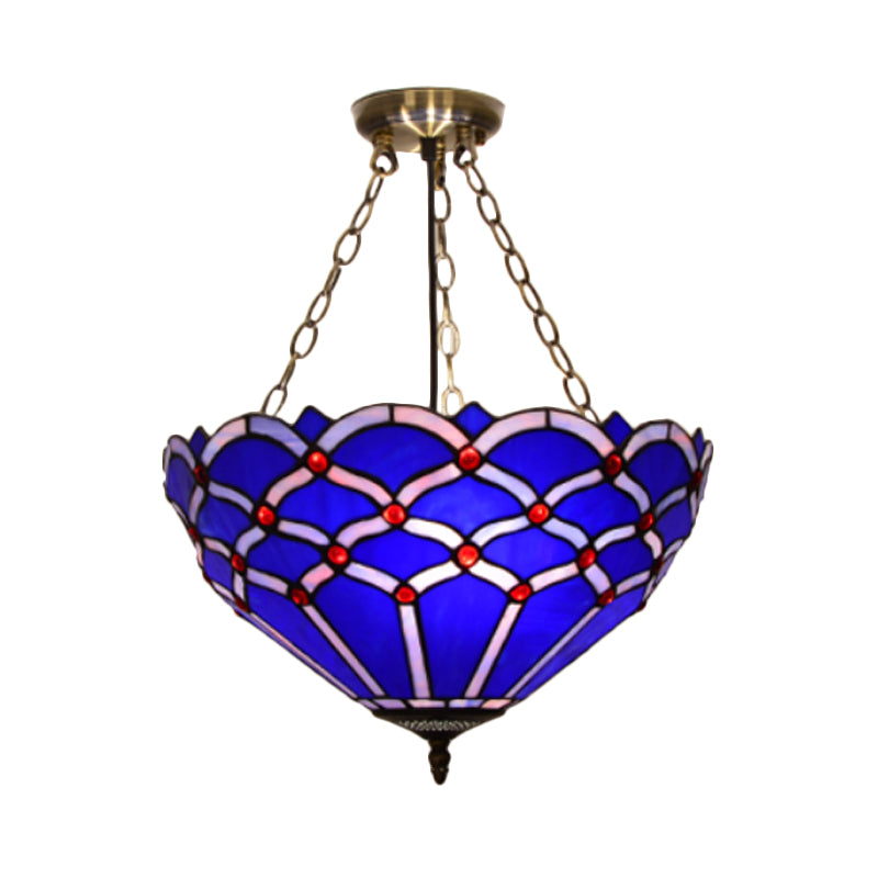 Bowl Semi Mount Lighting 3 Lights White/Blue Glass Baroque Ceiling Lamp for Living Room Blue Clearhalo 'Ceiling Lights' 'Close To Ceiling Lights' 'Close to ceiling' 'Glass shade' 'Glass' 'Semi-flushmount' 'Tiffany close to ceiling' 'Tiffany' Lighting' 317985