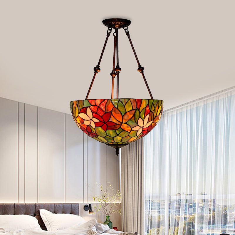 Blossom Semi-Flush Mount 3 Lights Red/Orange/Green Stained Glass Victorian Ceiling Light Fixture for Kitchen Red Clearhalo 'Ceiling Lights' 'Close To Ceiling Lights' 'Close to ceiling' 'Flush mount' Lighting' 317994