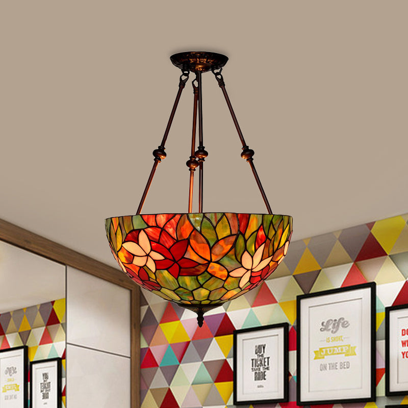 Blossom Semi-Flush Mount 3 Lights Red/Orange/Green Stained Glass Victorian Ceiling Light Fixture for Kitchen Clearhalo 'Ceiling Lights' 'Close To Ceiling Lights' 'Close to ceiling' 'Flush mount' Lighting' 317995