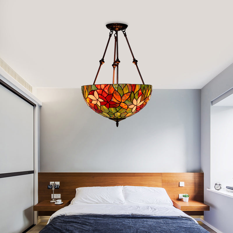 Blossom Semi-Flush Mount 3 Lights Red/Orange/Green Stained Glass Victorian Ceiling Light Fixture for Kitchen Clearhalo 'Ceiling Lights' 'Close To Ceiling Lights' 'Close to ceiling' 'Flush mount' Lighting' 317996