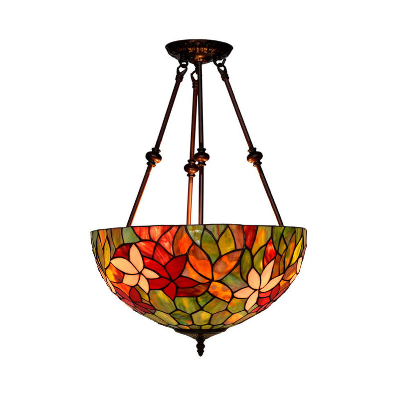 Blossom Semi-Flush Mount 3 Lights Red/Orange/Green Stained Glass Victorian Ceiling Light Fixture for Kitchen Clearhalo 'Ceiling Lights' 'Close To Ceiling Lights' 'Close to ceiling' 'Flush mount' Lighting' 317997