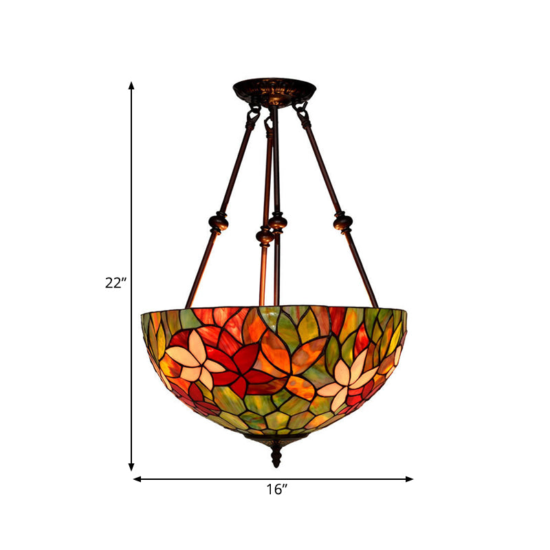 Blossom Semi-Flush Mount 3 Lights Red/Orange/Green Stained Glass Victorian Ceiling Light Fixture for Kitchen Clearhalo 'Ceiling Lights' 'Close To Ceiling Lights' 'Close to ceiling' 'Flush mount' Lighting' 317998