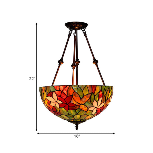 Blossom Semi-Flush Mount 3 Lights Red/Orange/Green Stained Glass Victorian Ceiling Light Fixture for Kitchen Clearhalo 'Ceiling Lights' 'Close To Ceiling Lights' 'Close to ceiling' 'Flush mount' Lighting' 317998