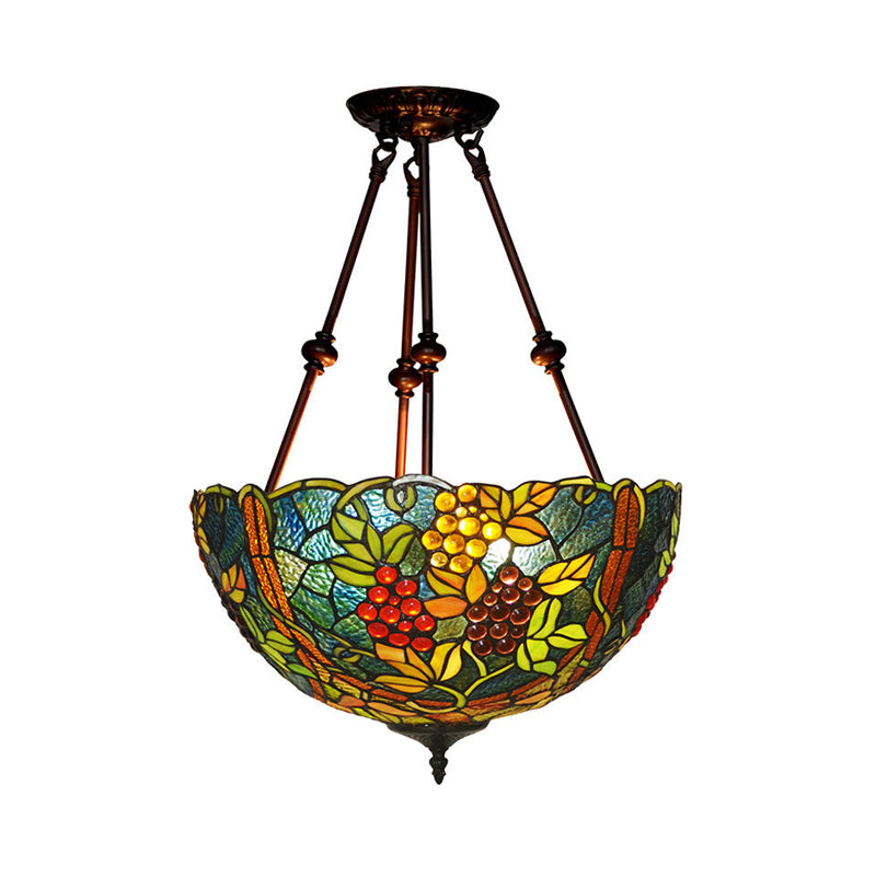 Blossom Semi-Flush Mount 3 Lights Red/Orange/Green Stained Glass Victorian Ceiling Light Fixture for Kitchen Green Clearhalo 'Ceiling Lights' 'Close To Ceiling Lights' 'Close to ceiling' 'Flush mount' Lighting' 317999