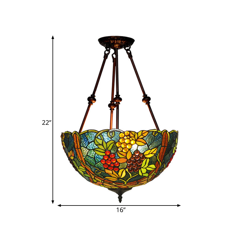 Blossom Semi-Flush Mount 3 Lights Red/Orange/Green Stained Glass Victorian Ceiling Light Fixture for Kitchen Clearhalo 'Ceiling Lights' 'Close To Ceiling Lights' 'Close to ceiling' 'Flush mount' Lighting' 318000