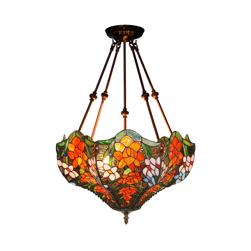 Blossom Semi-Flush Mount 3 Lights Red/Orange/Green Stained Glass Victorian Ceiling Light Fixture for Kitchen Clearhalo 'Ceiling Lights' 'Close To Ceiling Lights' 'Close to ceiling' 'Flush mount' Lighting' 318002