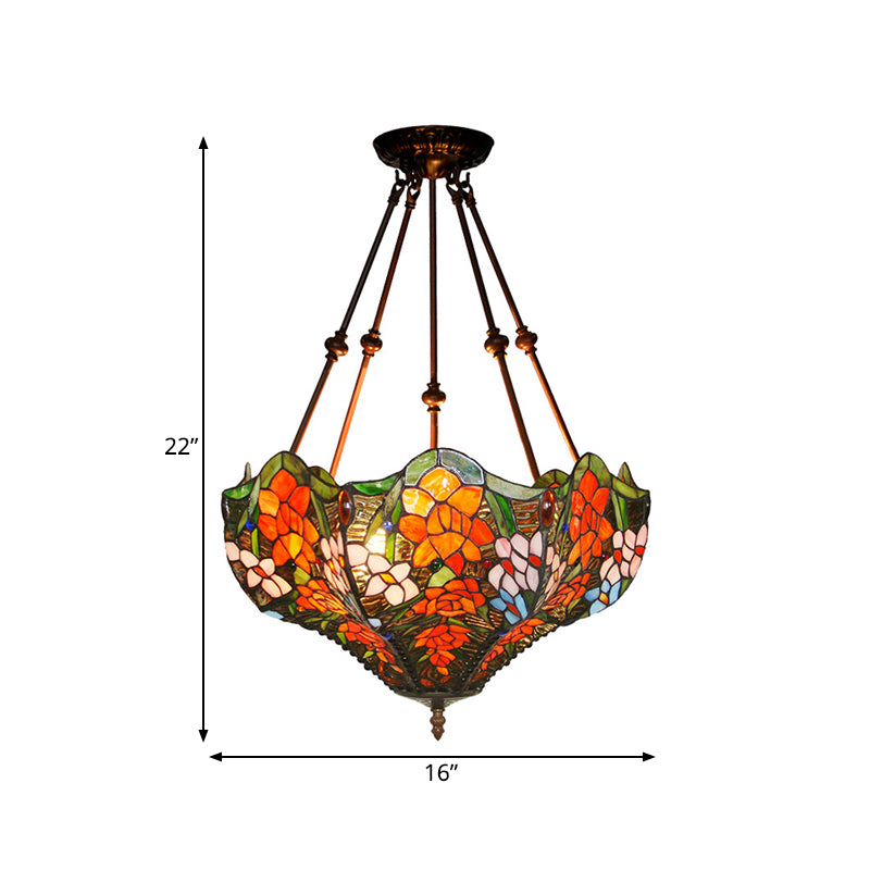 Blossom Semi-Flush Mount 3 Lights Red/Orange/Green Stained Glass Victorian Ceiling Light Fixture for Kitchen Clearhalo 'Ceiling Lights' 'Close To Ceiling Lights' 'Close to ceiling' 'Flush mount' Lighting' 318003