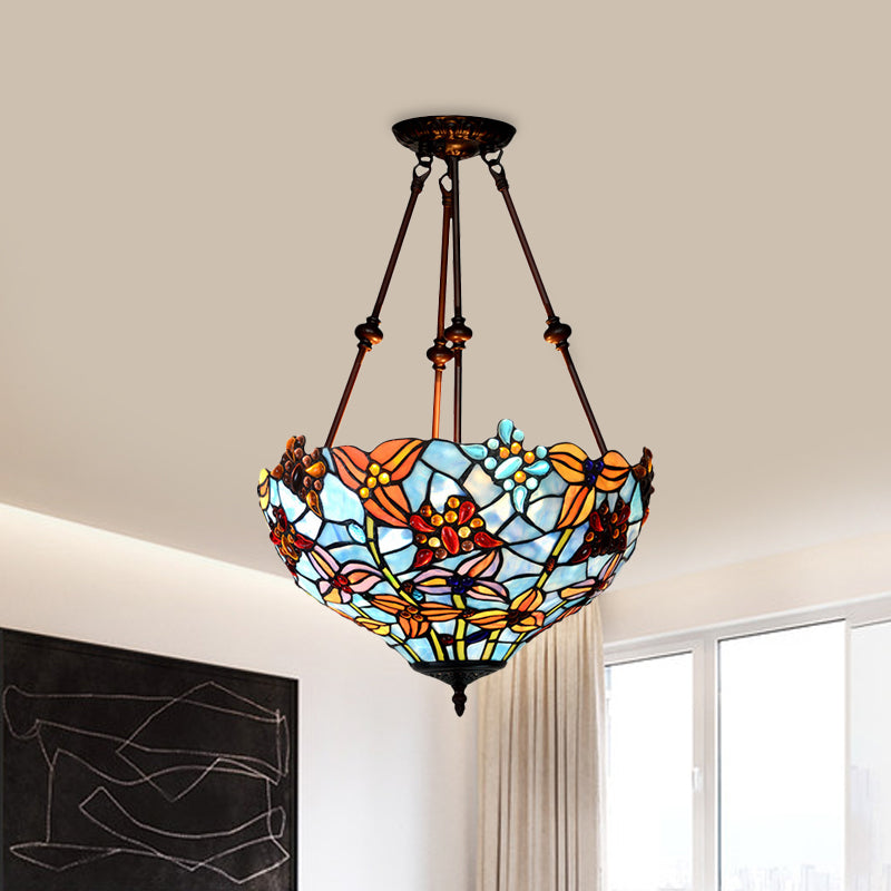 Flower Red/Orange/Blue Cut Glass Semi Mount Lighting Tiffany Style 2 Lights Bronze Ceiling Flush for Bedroom Clearhalo 'Ceiling Lights' 'Close To Ceiling Lights' 'Close to ceiling' 'Glass shade' 'Glass' 'Semi-flushmount' 'Tiffany close to ceiling' 'Tiffany' Lighting' 318016
