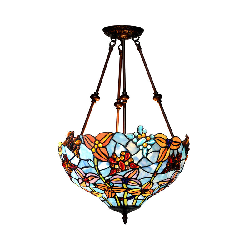 Flower Red/Orange/Blue Cut Glass Semi Mount Lighting Tiffany Style 2 Lights Bronze Ceiling Flush for Bedroom Clearhalo 'Ceiling Lights' 'Close To Ceiling Lights' 'Close to ceiling' 'Glass shade' 'Glass' 'Semi-flushmount' 'Tiffany close to ceiling' 'Tiffany' Lighting' 318017