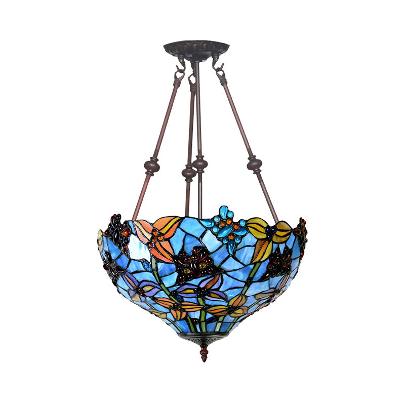 Flower Red/Orange/Blue Cut Glass Semi Mount Lighting Tiffany Style 2 Lights Bronze Ceiling Flush for Bedroom Clearhalo 'Ceiling Lights' 'Close To Ceiling Lights' 'Close to ceiling' 'Glass shade' 'Glass' 'Semi-flushmount' 'Tiffany close to ceiling' 'Tiffany' Lighting' 318018