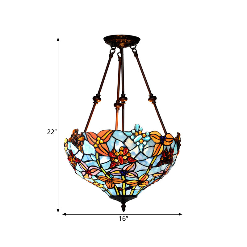 Flower Red/Orange/Blue Cut Glass Semi Mount Lighting Tiffany Style 2 Lights Bronze Ceiling Flush for Bedroom Clearhalo 'Ceiling Lights' 'Close To Ceiling Lights' 'Close to ceiling' 'Glass shade' 'Glass' 'Semi-flushmount' 'Tiffany close to ceiling' 'Tiffany' Lighting' 318019