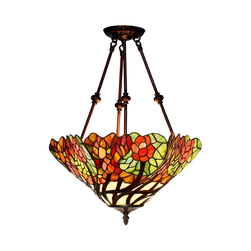 Flower Red/Orange/Blue Cut Glass Semi Mount Lighting Tiffany Style 2 Lights Bronze Ceiling Flush for Bedroom Orange Clearhalo 'Ceiling Lights' 'Close To Ceiling Lights' 'Close to ceiling' 'Glass shade' 'Glass' 'Semi-flushmount' 'Tiffany close to ceiling' 'Tiffany' Lighting' 318020