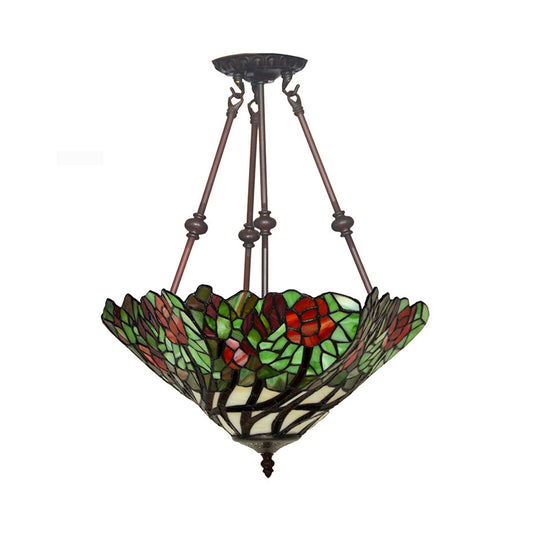Flower Red/Orange/Blue Cut Glass Semi Mount Lighting Tiffany Style 2 Lights Bronze Ceiling Flush for Bedroom Clearhalo 'Ceiling Lights' 'Close To Ceiling Lights' 'Close to ceiling' 'Glass shade' 'Glass' 'Semi-flushmount' 'Tiffany close to ceiling' 'Tiffany' Lighting' 318021