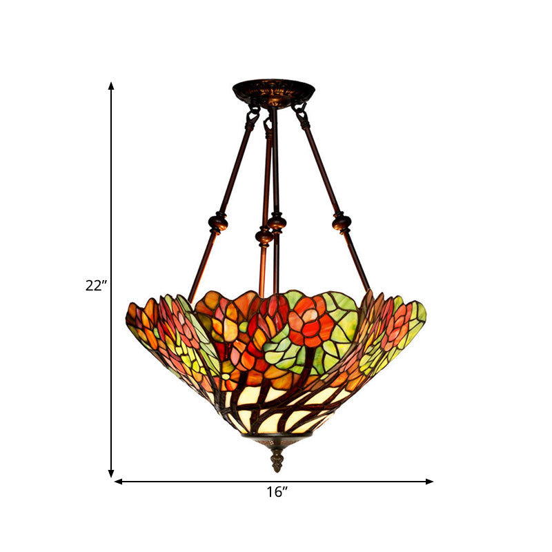 Flower Red/Orange/Blue Cut Glass Semi Mount Lighting Tiffany Style 2 Lights Bronze Ceiling Flush for Bedroom Clearhalo 'Ceiling Lights' 'Close To Ceiling Lights' 'Close to ceiling' 'Glass shade' 'Glass' 'Semi-flushmount' 'Tiffany close to ceiling' 'Tiffany' Lighting' 318022