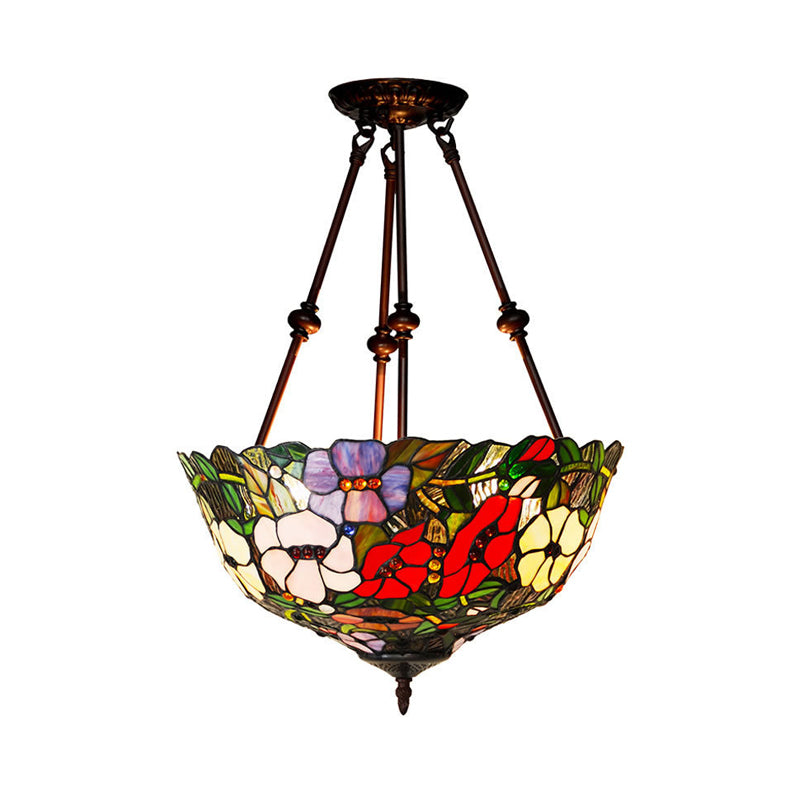 Flower Red/Orange/Blue Cut Glass Semi Mount Lighting Tiffany Style 2 Lights Bronze Ceiling Flush for Bedroom Red Clearhalo 'Ceiling Lights' 'Close To Ceiling Lights' 'Close to ceiling' 'Glass shade' 'Glass' 'Semi-flushmount' 'Tiffany close to ceiling' 'Tiffany' Lighting' 318023