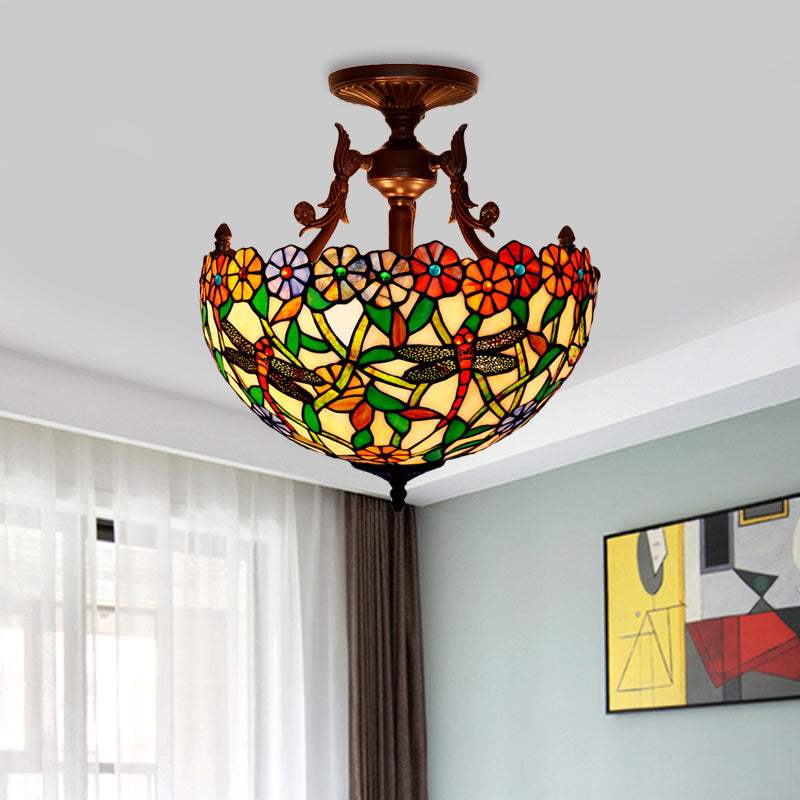 Bronze 3 Lights Semi Flush Light Mediterranean Beige/Red/Yellow Glass Domed Shade Ceiling Lighting for Living Room Clearhalo 'Ceiling Lights' 'Chandeliers' 'Close To Ceiling Lights' 'Close to ceiling' 'Glass shade' 'Glass' 'Semi-flushmount' 'Tiffany close to ceiling' 'Tiffany' Lighting' 318256