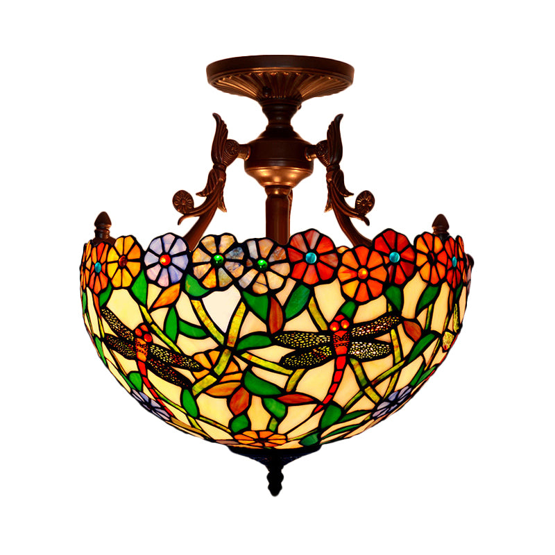 Bronze 3 Lights Semi Flush Light Mediterranean Beige/Red/Yellow Glass Domed Shade Ceiling Lighting for Living Room Clearhalo 'Ceiling Lights' 'Chandeliers' 'Close To Ceiling Lights' 'Close to ceiling' 'Glass shade' 'Glass' 'Semi-flushmount' 'Tiffany close to ceiling' 'Tiffany' Lighting' 318257