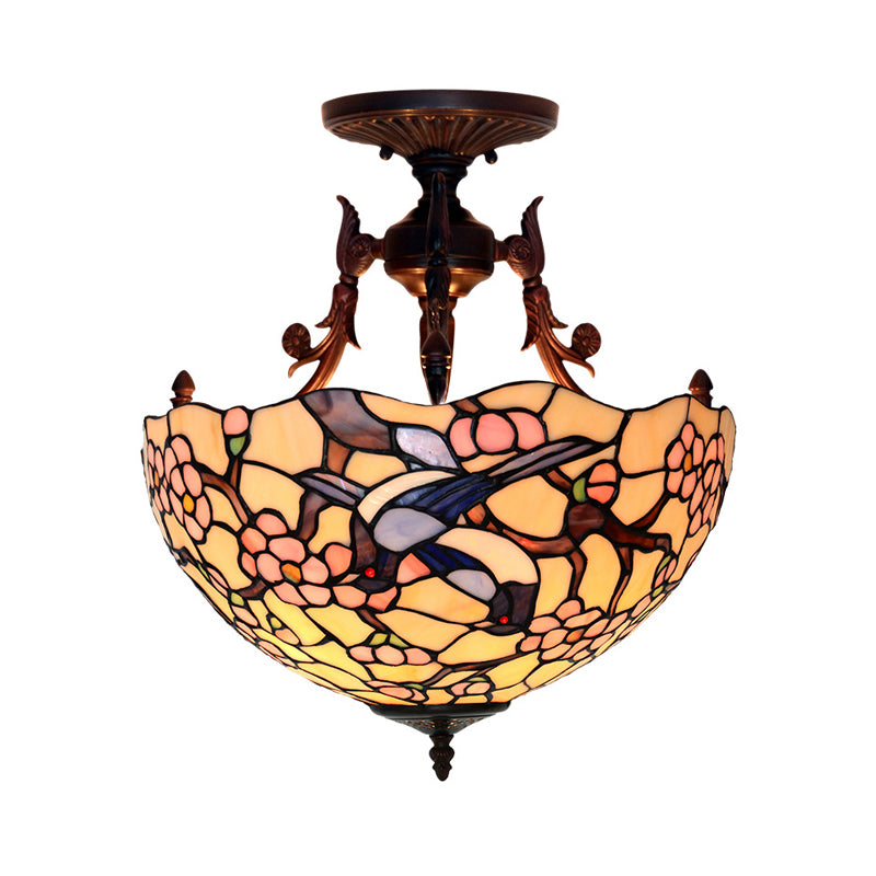 Bronze 3 Lights Semi Flush Light Mediterranean Beige/Red/Yellow Glass Domed Shade Ceiling Lighting for Living Room Beige Clearhalo 'Ceiling Lights' 'Chandeliers' 'Close To Ceiling Lights' 'Close to ceiling' 'Glass shade' 'Glass' 'Semi-flushmount' 'Tiffany close to ceiling' 'Tiffany' Lighting' 318260
