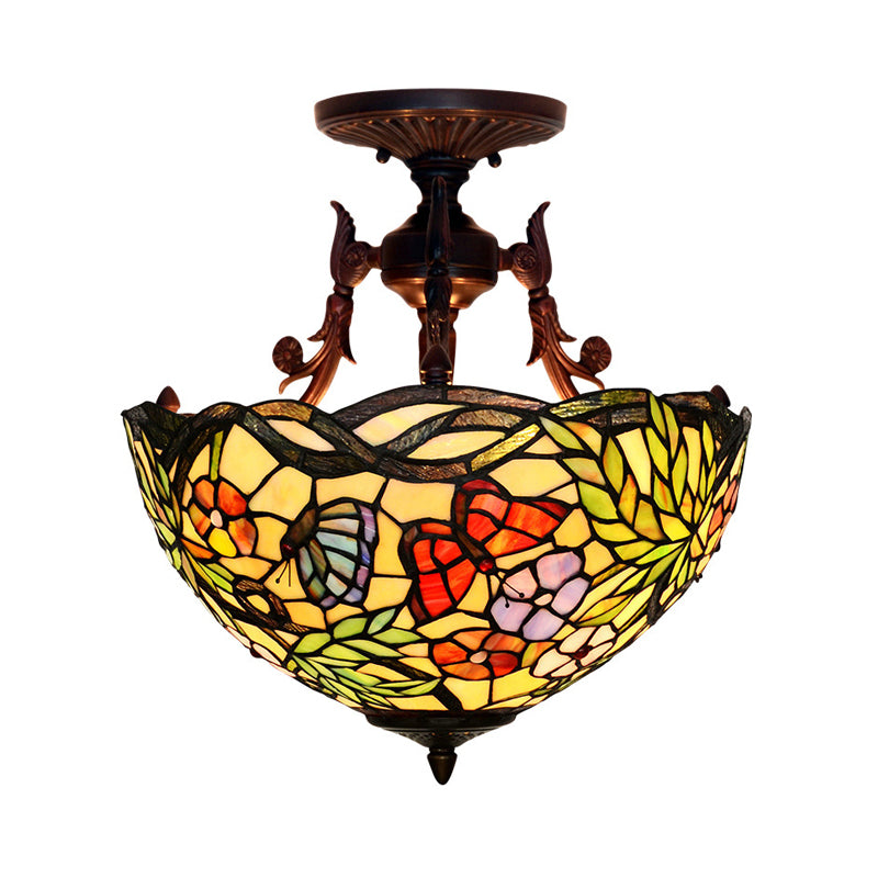 Bronze 3 Lights Semi Flush Light Mediterranean Beige/Red/Yellow Glass Domed Shade Ceiling Lighting for Living Room Yellow Clearhalo 'Ceiling Lights' 'Chandeliers' 'Close To Ceiling Lights' 'Close to ceiling' 'Glass shade' 'Glass' 'Semi-flushmount' 'Tiffany close to ceiling' 'Tiffany' Lighting' 318263
