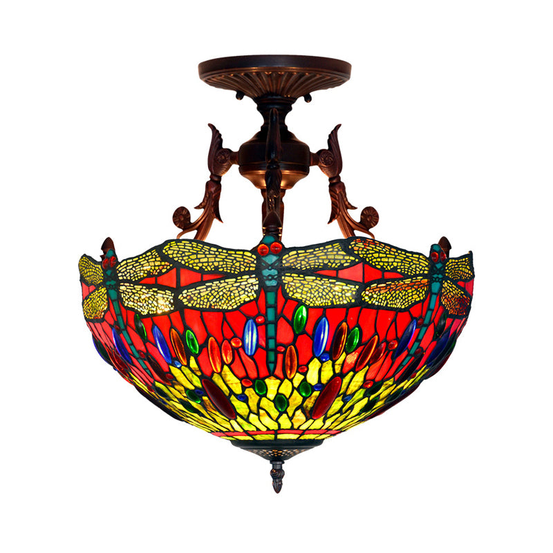 Bronze 3 Lights Semi Flush Light Mediterranean Beige/Red/Yellow Glass Domed Shade Ceiling Lighting for Living Room Red Clearhalo 'Ceiling Lights' 'Chandeliers' 'Close To Ceiling Lights' 'Close to ceiling' 'Glass shade' 'Glass' 'Semi-flushmount' 'Tiffany close to ceiling' 'Tiffany' Lighting' 318266