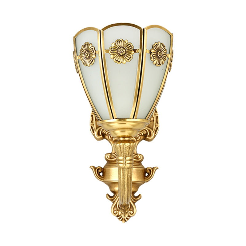 1/2 Lights Indoor Sconce Retro Floral Beveled Opal Glass Shade Wall Lamp with Golden Exquisite Carved Element Clearhalo 'Wall Lamps & Sconces' 'Wall Lights' Lighting' 322564