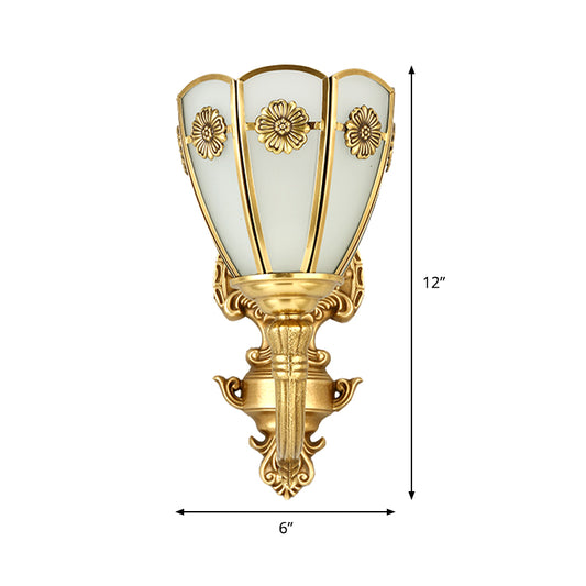 1/2 Lights Indoor Sconce Retro Floral Beveled Opal Glass Shade Wall Lamp with Golden Exquisite Carved Element Clearhalo 'Wall Lamps & Sconces' 'Wall Lights' Lighting' 322565