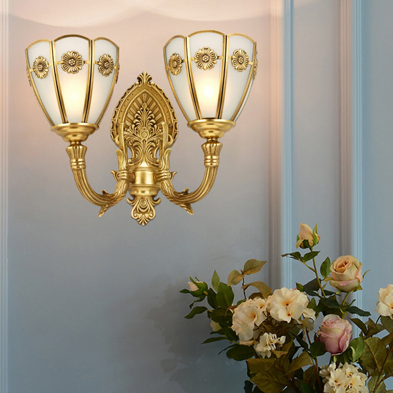 1/2 Lights Indoor Sconce Retro Floral Beveled Opal Glass Shade Wall Lamp with Golden Exquisite Carved Element 2.0 Gold Clearhalo 'Wall Lamps & Sconces' 'Wall Lights' Lighting' 322566