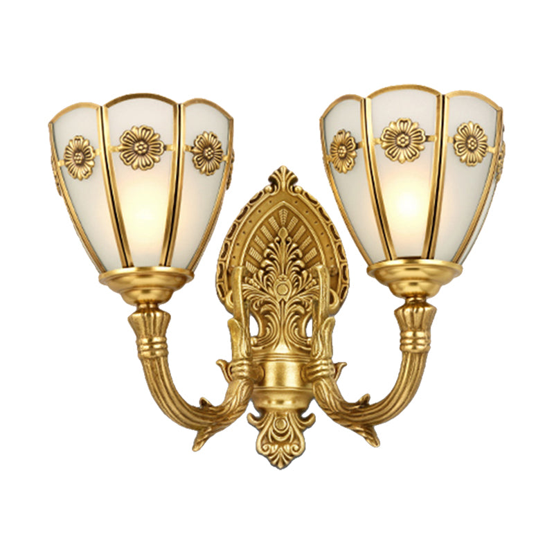 1/2 Lights Indoor Sconce Retro Floral Beveled Opal Glass Shade Wall Lamp with Golden Exquisite Carved Element Clearhalo 'Wall Lamps & Sconces' 'Wall Lights' Lighting' 322568