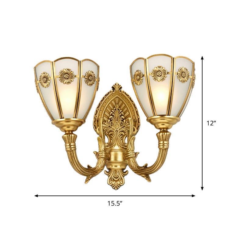 1/2 Lights Indoor Sconce Retro Floral Beveled Opal Glass Shade Wall Lamp with Golden Exquisite Carved Element Clearhalo 'Wall Lamps & Sconces' 'Wall Lights' Lighting' 322569