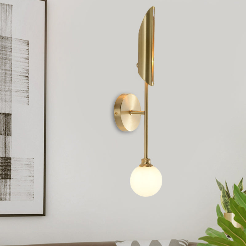 Brass Pencil Arm Sconce Light Minimalist 1 Bulb Metal Wall Mounted Lamp with White Glass Shade Brass Clearhalo 'Cast Iron' 'Glass' 'Industrial' 'Modern wall lights' 'Modern' 'Tiffany' 'Traditional wall lights' 'Wall Lamps & Sconces' 'Wall Lights' Lighting' 323583