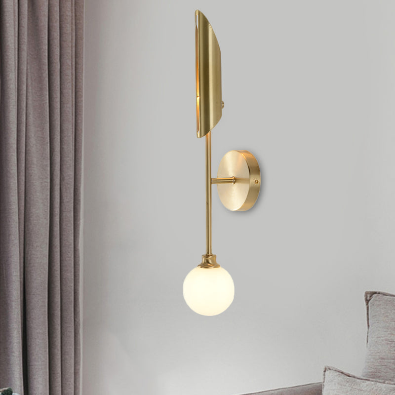 Brass Pencil Arm Sconce Light Minimalist 1 Bulb Metal Wall Mounted Lamp with White Glass Shade Clearhalo 'Cast Iron' 'Glass' 'Industrial' 'Modern wall lights' 'Modern' 'Tiffany' 'Traditional wall lights' 'Wall Lamps & Sconces' 'Wall Lights' Lighting' 323584