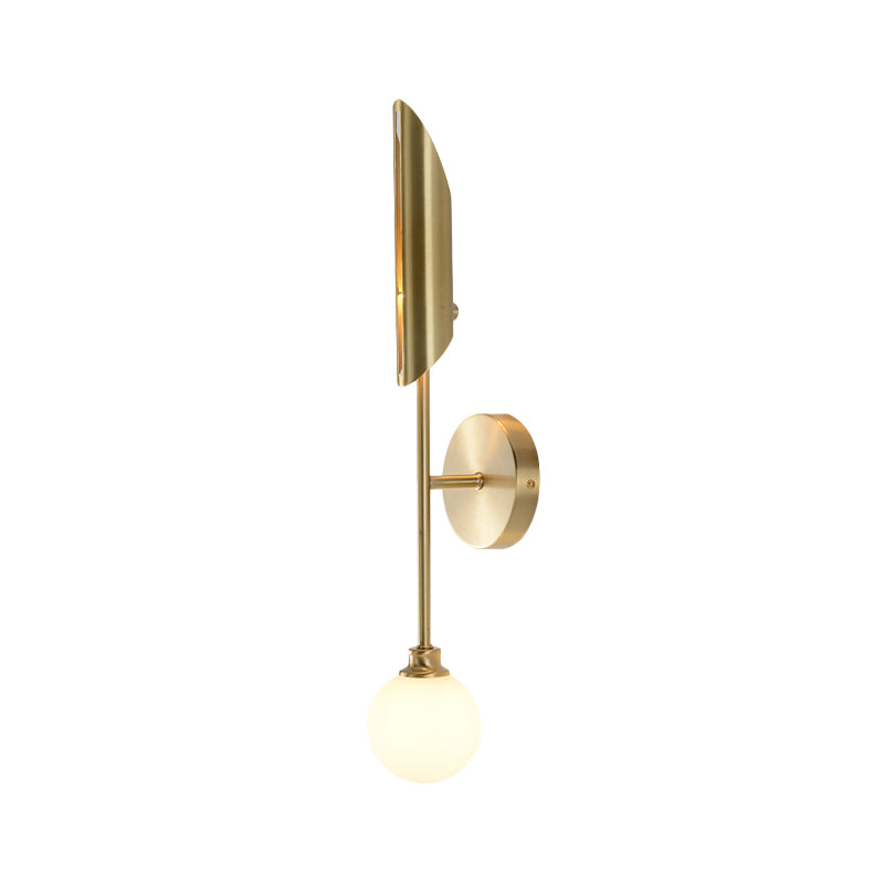 Brass Pencil Arm Sconce Light Minimalist 1 Bulb Metal Wall Mounted Lamp with White Glass Shade Clearhalo 'Cast Iron' 'Glass' 'Industrial' 'Modern wall lights' 'Modern' 'Tiffany' 'Traditional wall lights' 'Wall Lamps & Sconces' 'Wall Lights' Lighting' 323586
