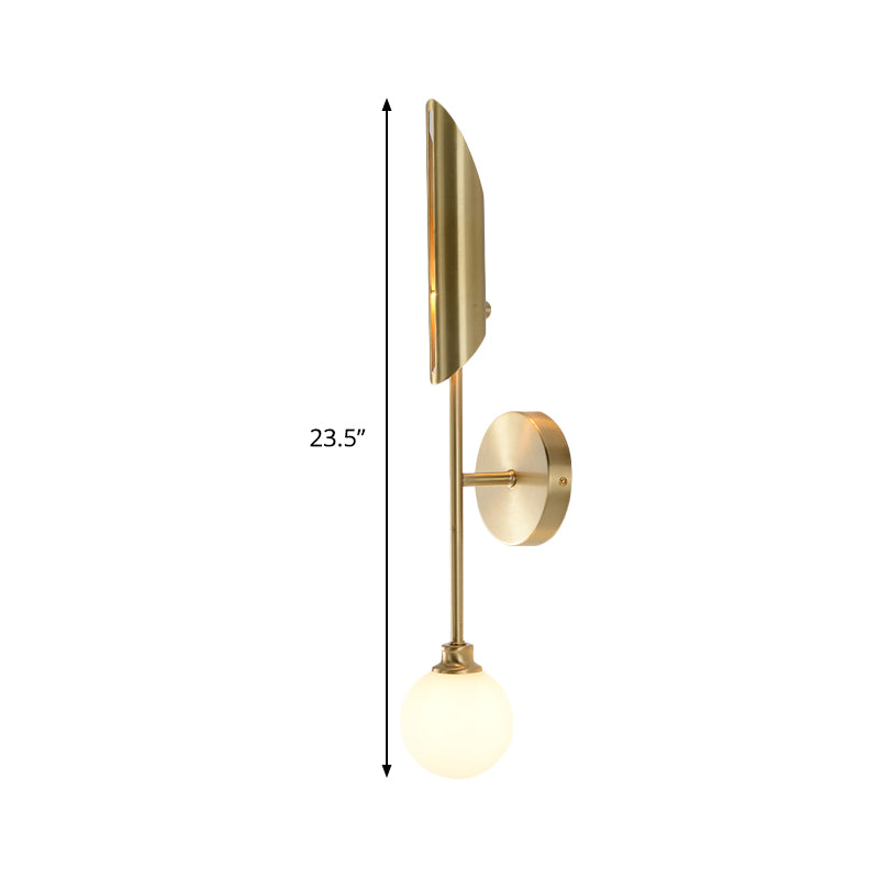 Brass Pencil Arm Sconce Light Minimalist 1 Bulb Metal Wall Mounted Lamp with White Glass Shade Clearhalo 'Cast Iron' 'Glass' 'Industrial' 'Modern wall lights' 'Modern' 'Tiffany' 'Traditional wall lights' 'Wall Lamps & Sconces' 'Wall Lights' Lighting' 323587