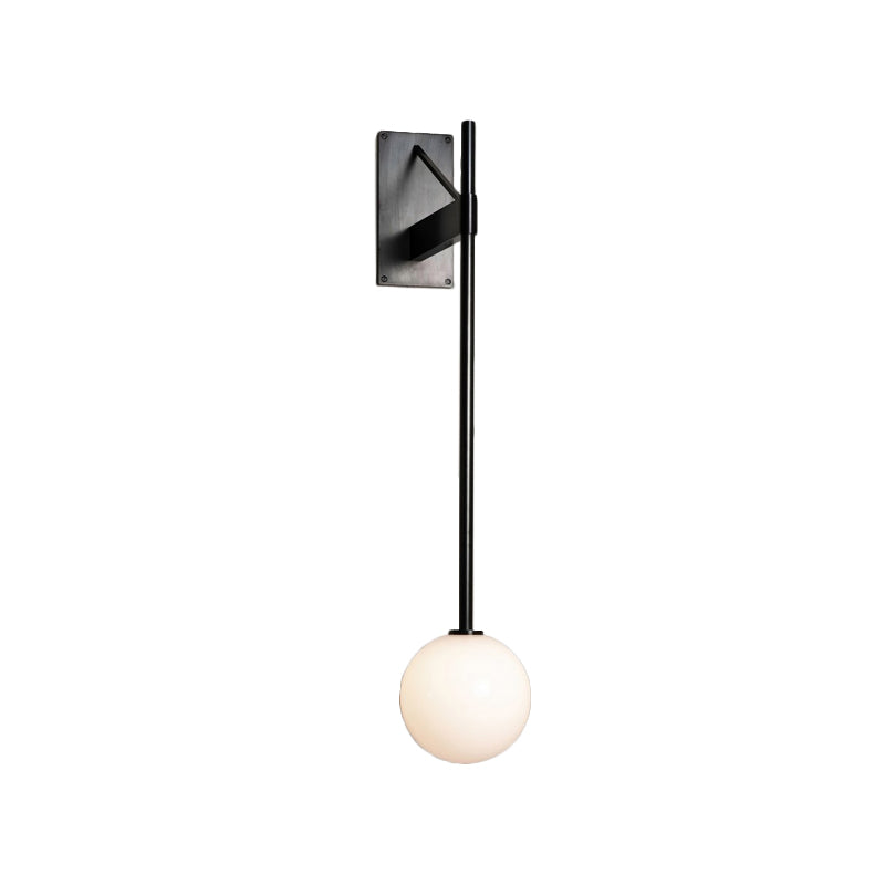 Round Sconce Modern Milk Glass 1 Bulb Black Wall Mount Light Fixture with Metal Pencil Arm Clearhalo 'Cast Iron' 'Glass' 'Industrial' 'Modern wall lights' 'Modern' 'Tiffany' 'Traditional wall lights' 'Wall Lamps & Sconces' 'Wall Lights' Lighting' 323672