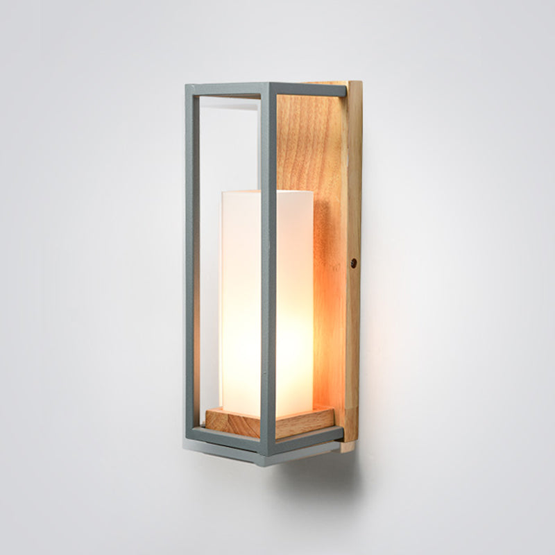 Grey Tubular Sconce Light Asian 1 Bulb White Glass Wall Mounted Lighting with Wood Rectangle Backplate Grey Clearhalo 'Wall Lamps & Sconces' 'Wall Lights' Lighting' 323915