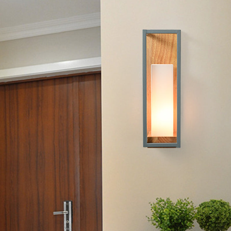 Grey Tubular Sconce Light Asian 1 Bulb White Glass Wall Mounted Lighting with Wood Rectangle Backplate Clearhalo 'Wall Lamps & Sconces' 'Wall Lights' Lighting' 323916