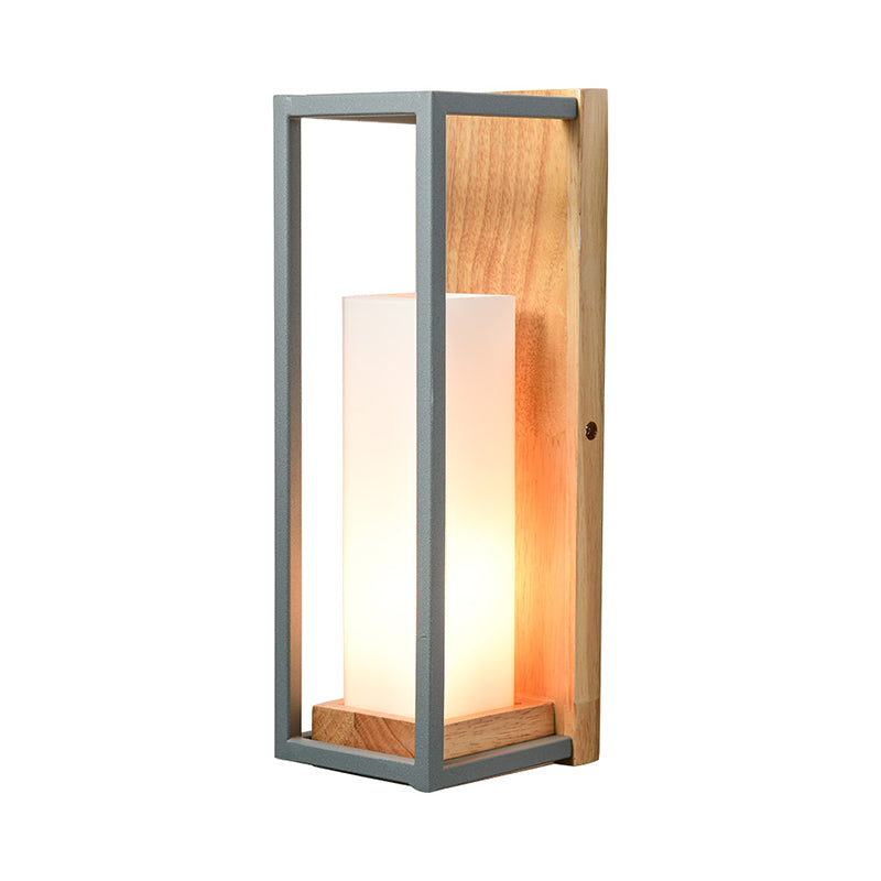 Grey Tubular Sconce Light Asian 1 Bulb White Glass Wall Mounted Lighting with Wood Rectangle Backplate Clearhalo 'Wall Lamps & Sconces' 'Wall Lights' Lighting' 323918